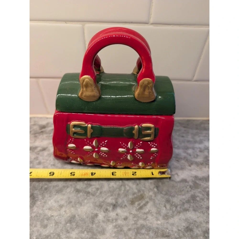VTG Christmas/Holiday Purse Cookie Jar by David's Cookies Red Green &‎ Gold